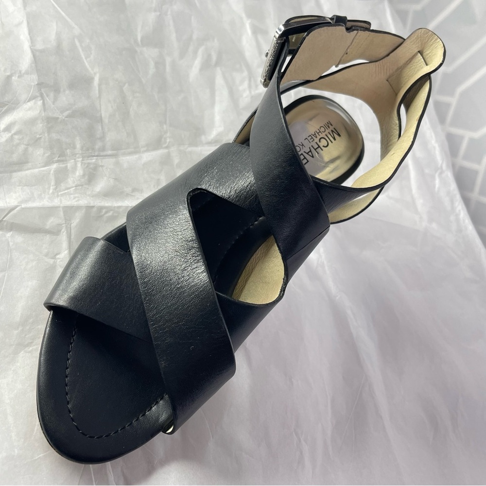 Michael Kors Black Leather Crisscross Clear Block Ankle Strap Sandals Size 8.5M